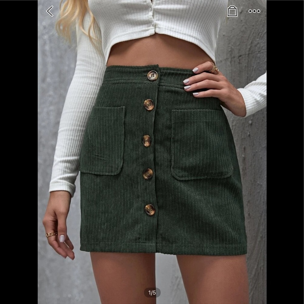 High-Waist Button-Front Corduroy Mini Skirt in Deep Green